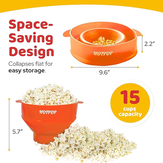 The Original Hotpop Microwave Popcorn Popper, Silicone Popcorn Maker, Collapsible Bowl BPA-Free and Dishwasher Safe- 20 Colors Available (Orange) (Pack of 2)