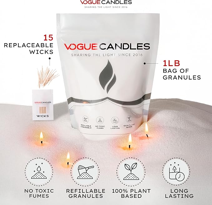 Vogue Candles White Pearled Candle Sand Wax (1 LB) – Mother’s Day Candle Kit with 15 Cotton Wicks for DIY Home Lighting – Plant-Based & Reusable Wax Granules Refill for Clean Burning & Custom Vessel