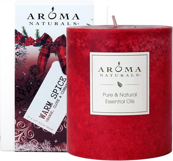 Aroma Naturals Holiday Orange, Clove and Cinnamon Essential Oil Scented Pillar Candle, Warm Spice, 3 inch x 3.5 inch