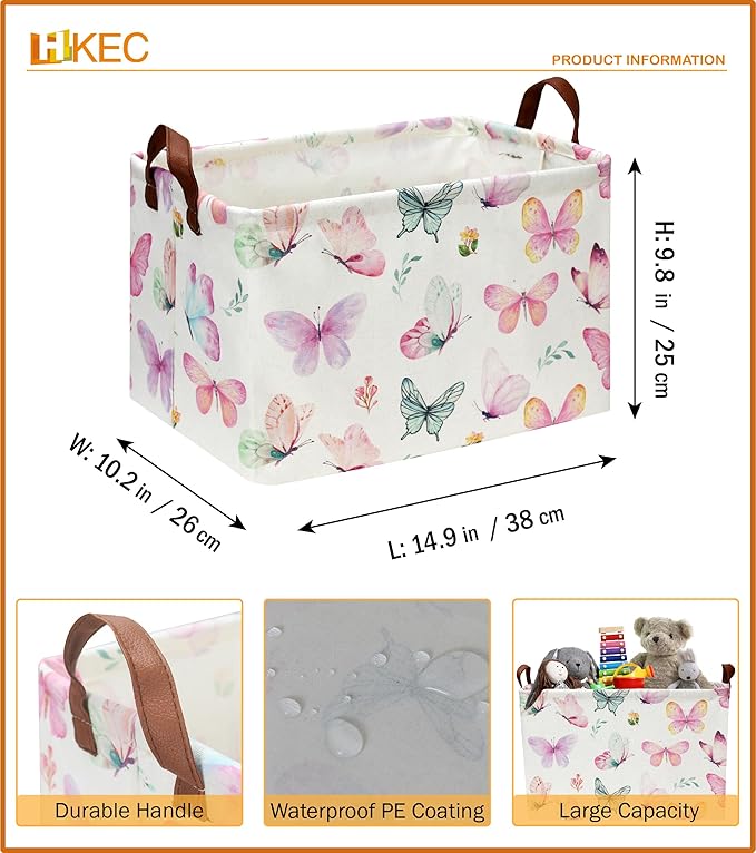 Rectangle Pink Butterfly Storage Basket with Handles, Collapsible Storage Bin, Books Box, Gift Basket(Pink Butterfly)