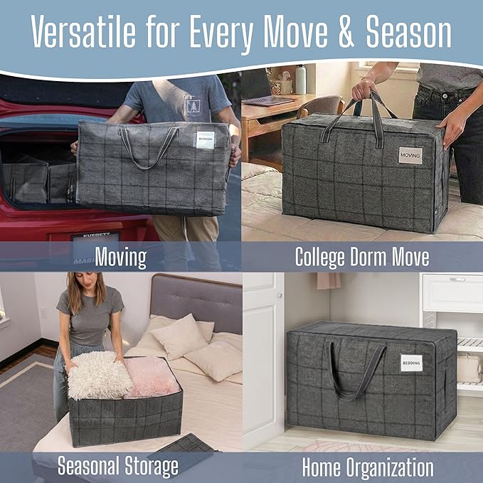 VENO 8 Pack Extra Large Heavy Duty Moving Bags with Wide Opening & Reinforced Handles, Reusable Storage Tote Bags with Strong Zippers for Clothes, College Dorm Essentials & Moving Supplies