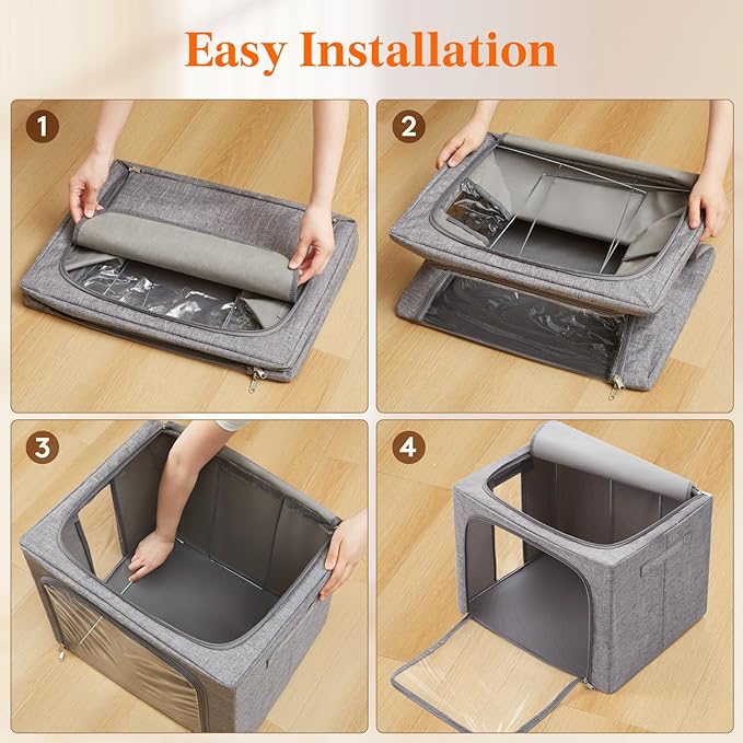 Lifewit Clothes Storage Bins with Metal Frame, Stackable Storage Box, Foldable Clothing Storage Bins with Lids, 100L Storage Bags Fabric Box Organizer with Clear Window＆ Zippers＆ Sturdy Handles 3 Pack