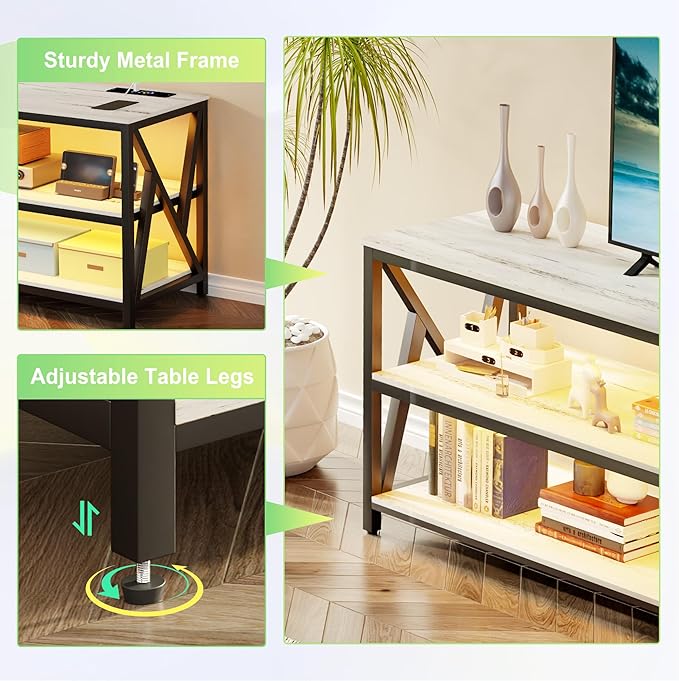 Lvifur 83“ LED TV Stand for 85 75 65 inch TV, Auto Sensor Entertainment Center with RGB Dimmable Lights, TV Console Table with Open Storage Shelves and Metal Frame (White)