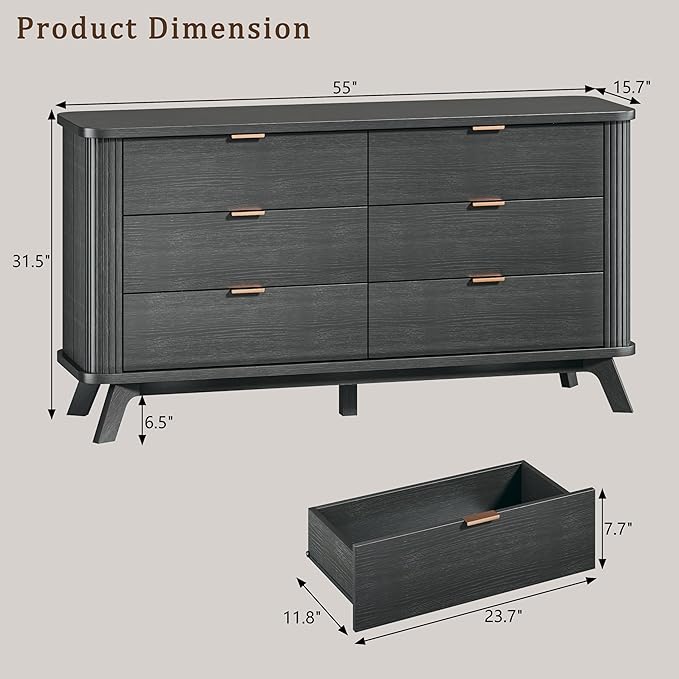 HUAHUU Fluted 6 Drawers Dresser for Bedroom, 55" Mid Century Modern & Chests of Drawers, Curved Profile Design, TV Stand, Wood Storage Dresser for Entryway, Hallway, Black