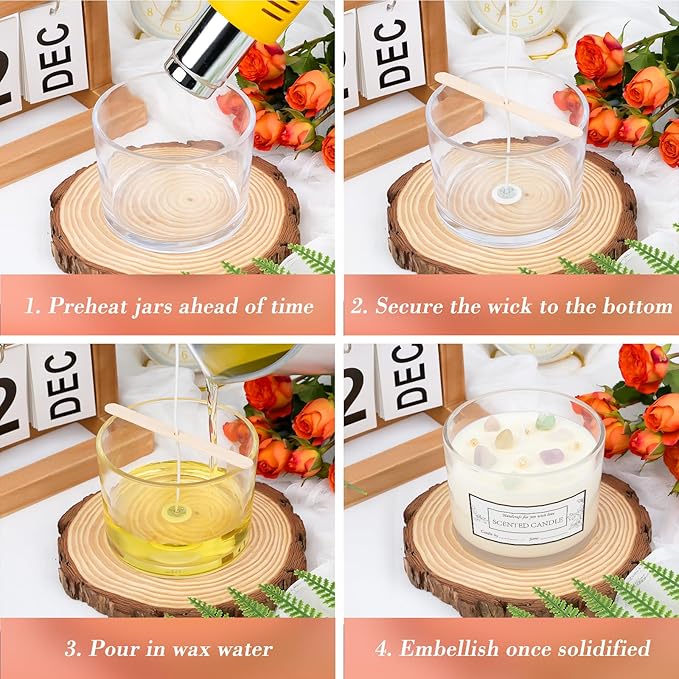 CONNOO 8 Pack 12 OZ Clear Glass Wide Mouth Candle Jars for Making Candles with Airtight Bamboo Lids Nice Sticky Warning Labels for Candle Making Empty Container Bulk - Dishwasher Safe