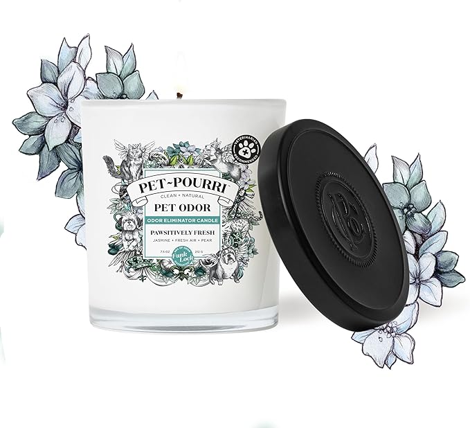 Pet-Pourri Pawsitively Fresh Pet Odor Freshener Bundle - 16 Fl Oz Air + Fabric Spray, 7.5 Oz Candle Jasmine, Fresh Air and Pear