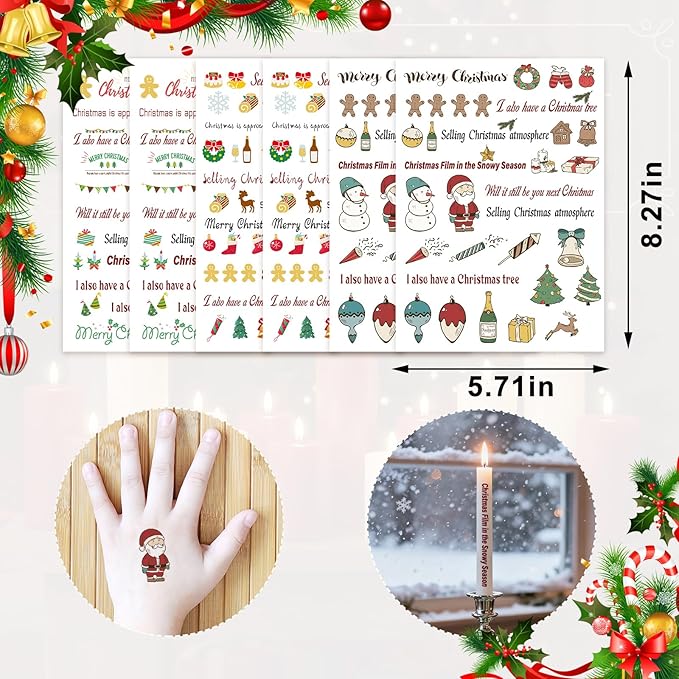 6 PCS Candle Tattoos Christmas, Christmas Tattoos for Candles Xmas Candle Stickers Santa Reindeer Snowflake Xmas Tree Water Transfer Decals for Holiday Candle Decoration (C)