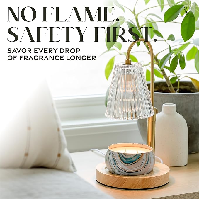STERN & SPLENDID Adjustable Wood Candle Warmer Lamp for Jar Candles – Large Round Base, Dimmable Electric Candle Melter with Timer, Flameless Candle Heating Lamp with 4 Halogen Light Bulbs