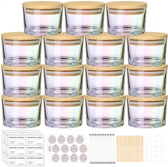SUPMIND 4oz Iridescent Candle Jars 15 Pack, Small Wide Mouth Glass Empty Candle Jars with Bamboo Lids for Making Candles, Bulk Candle Container with Wick Kit, Ideal for Candle Business Owners