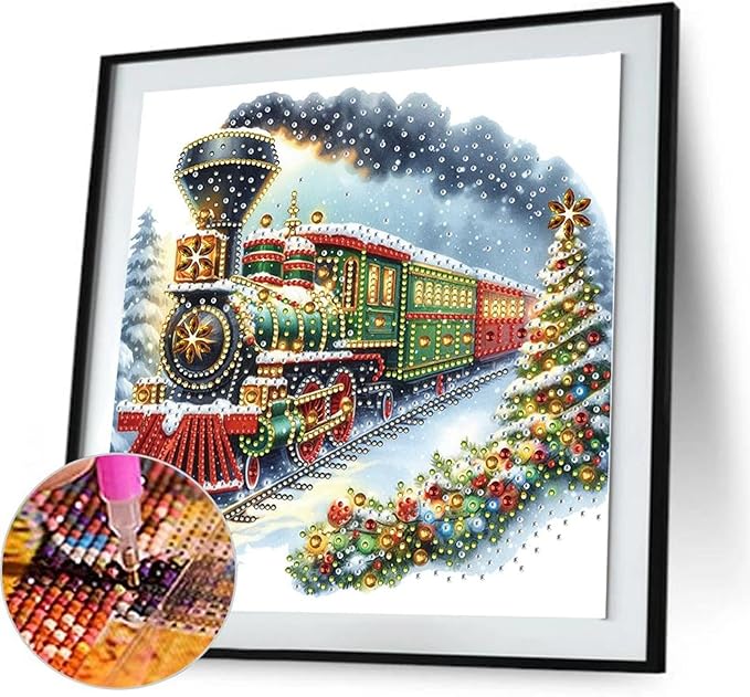 Christmas Train 5D Special Shape Diamond Art Kits for Beginners, Christmas Winter Theme Diamonds Painting Kits for Adults,DIY Crystal Rhinestones Diamond Paintings for Home Wall Decor 12×12Inch