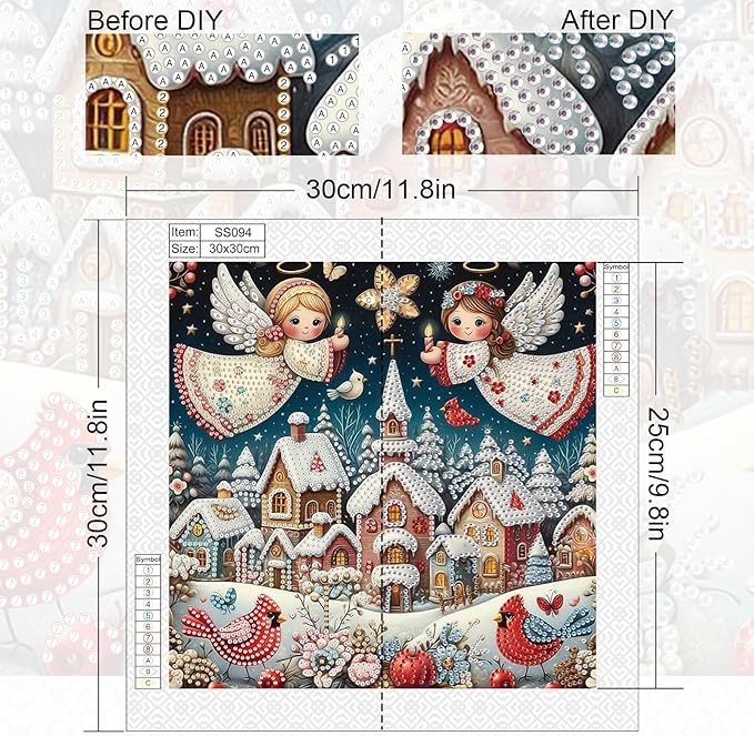 antor Diamond Painting Christmas Angels Protecting Snow Village with Red Robins, 5D DIY Special Shaped Diamond Art Kit for Adults, Crystal Rhinestones Diamond Painting, Holiday Winter Home Wall Decor