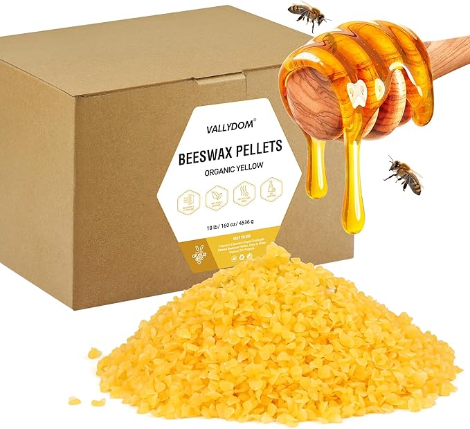 VALLYDOM Organic Beeswax Pellets - 4536g Yellow Beeswax Pastilles, Pure Natural Bulk Bees Wax Pellets for DIY Beeswax Making Candles Skin Care Lip Balm Soap Lotion (10lb)