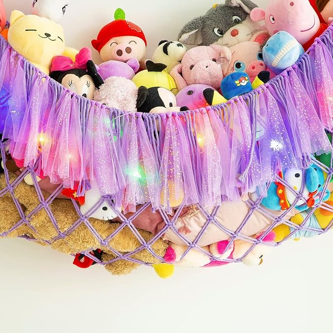 Large Stuffed Animal Net or Hammock with Led and Mesh Ribbon Wall Hanging Toy Net for Stuffed Animals Creative Stuff Animal Storage Ideas Macrame Toy Hammock Stuffed Animal Hammock-Purple