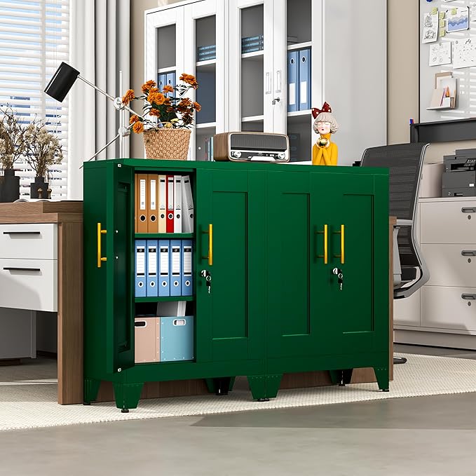 Green Metal Storage Cabinet, 36" Tall Locking Storage Cabinet with 2 Adjustable Shelves, Steel Locker Organizer, for Office, Home, School, 11.81" D x 23.62" W x 35.83" H, 2PS