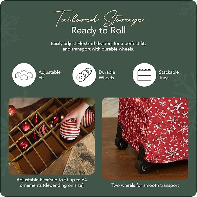 Covermates Keepsakes Rolling Adjustable Ornament Storage Bag – Heavy-Duty Polyester, FlexGrid Trays & Padded Dividers – Protective Holiday Organizer with Wheels, Handles & ID Window, Red Snowflake