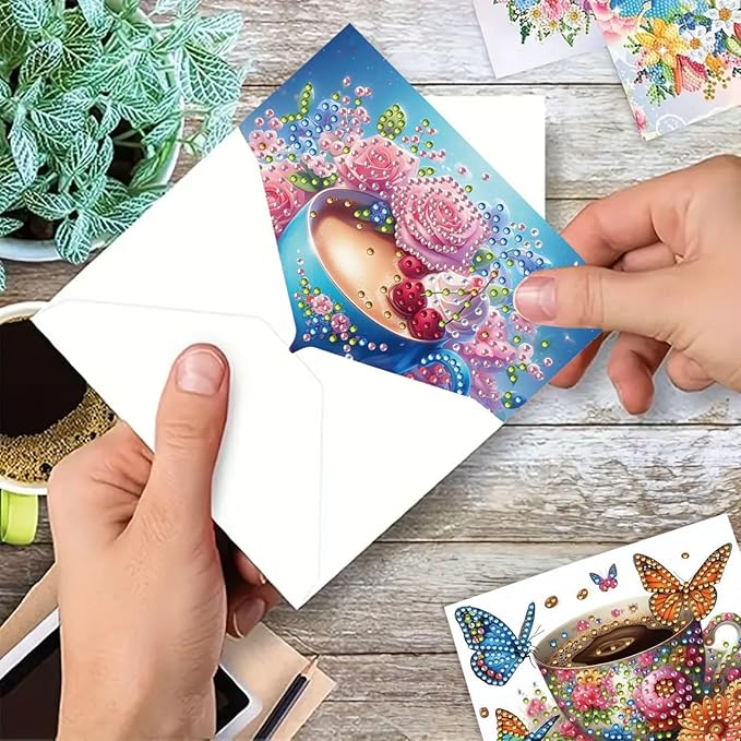 DoxQcs 5D Diamond Art Painting Greeting Cards Kit, DIY Cards for Blessings Congratulations Gifts, Greeting Card Set for Birthday Thanksgiving Day Christmas Halloween-Morning Tea