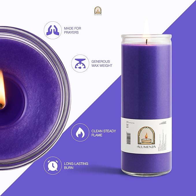 Bulk 6 Pack Purple 7 Day Candles in Glass Jar – Paraffin Wax, Clean Burning Unscented | Large & Tall Devotional Prayer Pillar Candles for Home, Memoria, Spells, Long Lasting