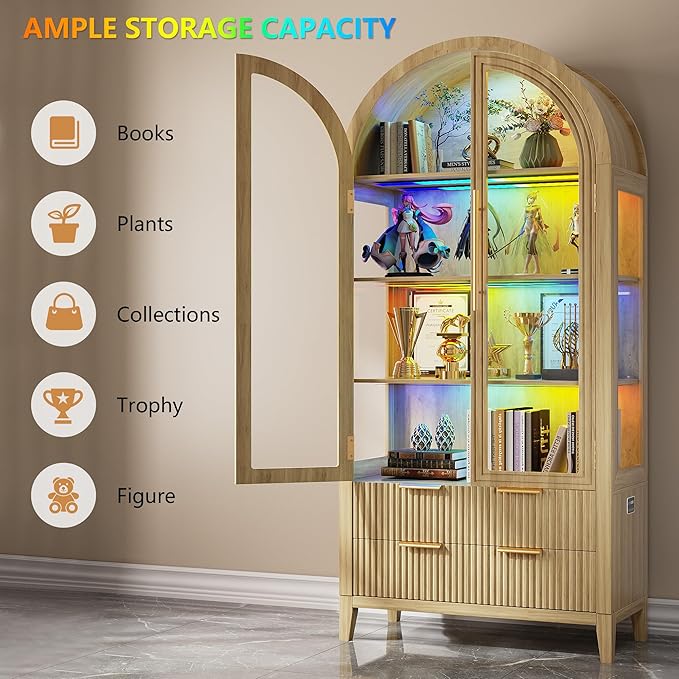 LVSOMT 71" Tall Arched Storage Cabinet with Glass Doors and Drawers, Curio Display Cabinet with Adjustable RGB Light & Human Sensor, 4-Tier China Cabinet for Living Room(Wood)