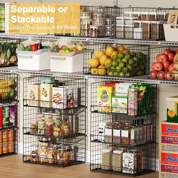 5 Pack Stackable Wire Baskets for Pantry Organizers and Storage, Large Pantry Baskets for Snack Organizer, Foldable Metal Storage Bins for Organizing Snack Can Fruit Vegetable & Toy