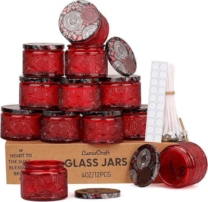 LumaCraft Luxury Embossed Glass Candle Jars for Making Candles - 12 Pack Empty Candle Containers with Airtight Metal Lids, 20 Wicks & 20 Stickers, Colored Glass Jars for Gifts & Decor-4OZ