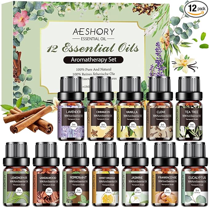 Essential Oils Set - 12 Pcs Organic Aromatherapy Essential Oil Kit for Diffuser, Humidifier, Aromatherapy, Massage, Soap, Candle Making (5mL)