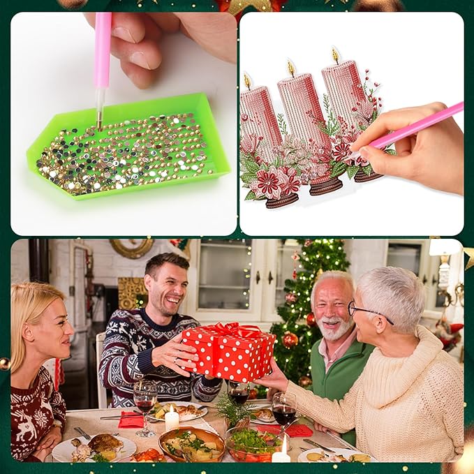 5D DIY Diamond Painting Tabletop Ornament Kits Pink Candle, Christmas Diamond Art Desktop Ornament, Special Shaped Crystal Rhinestone Diamond Art Table Top Home Office Christmas Decor (24x21.3cm)