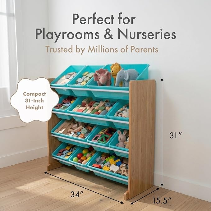 Humble Crew Kids Toy Storage Organizer with 12 Plastic Bins, Natural Wood/Aqua – Removable Bins for Playroom, Bedroom, Toddler Furniture for Boys and Girls Ages