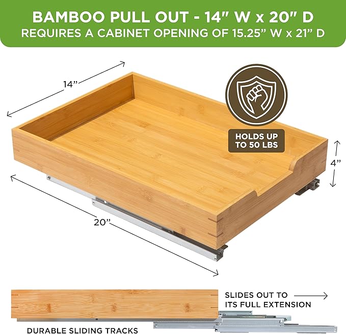 HOLDN’ STORAGE Bamboo Wooden Pull out Cabinet Organizer 14"W x 21"D Requires At Least a 15.25"W x 21"D Cabinet Opening W/Lifetime Limited Warranty, Bamboo Tray and Heavy Gauge Metal Rails