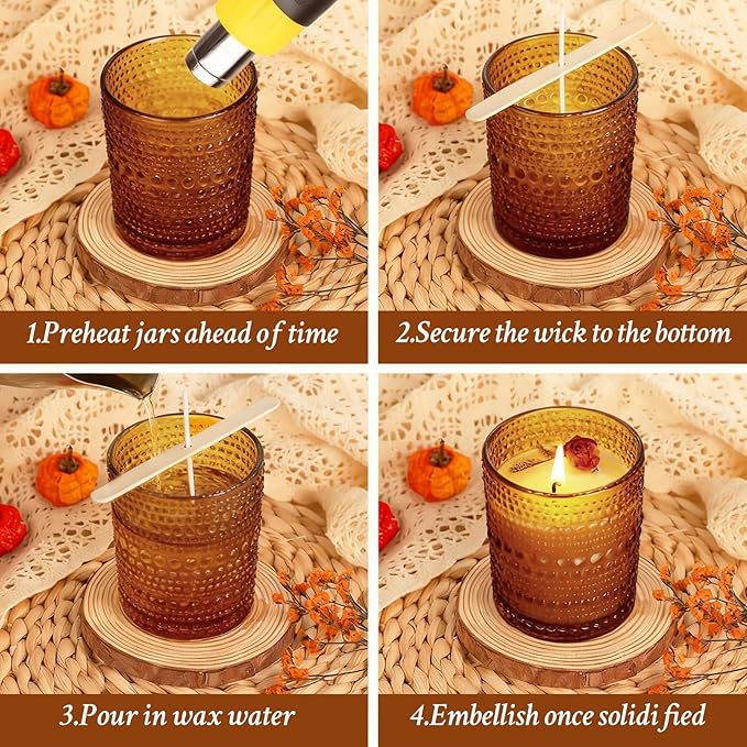 CONNOO 16pcs Pearl Candle Glass Jars with Natural Bamboo Lids, 7oz Thick Containers for Candle Making with Wicks & Stickers, Pearl Amber Jars for DIY Projects, Bulk Orders, Gifts & Home Décor