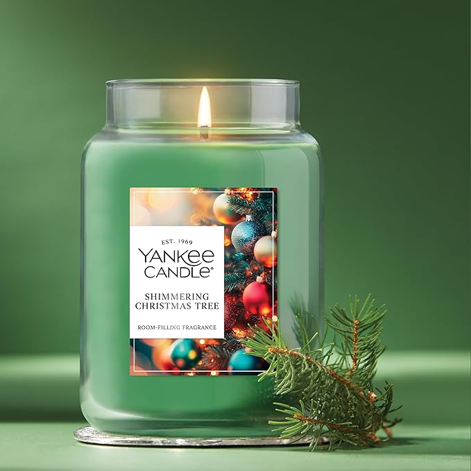 Yankee Candle Shimmering Christmas Tree, Christmas Scented Candle, 22oz Large Jar with up to 150 Hour Burn Time, Giftable