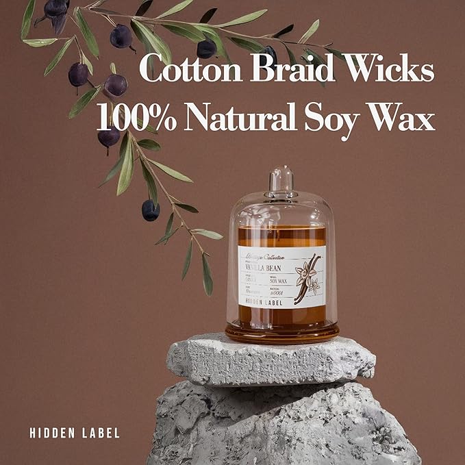 Hidden Label Vanilla Bean Scented Candle - 10oz Non Toxic Candles for Home Scented with Clear Bell Jar, Natural Soy Wax Clean Burning Aromatherapy Candle for Spa/Yoga/Meditation & Stress Relief Gifts