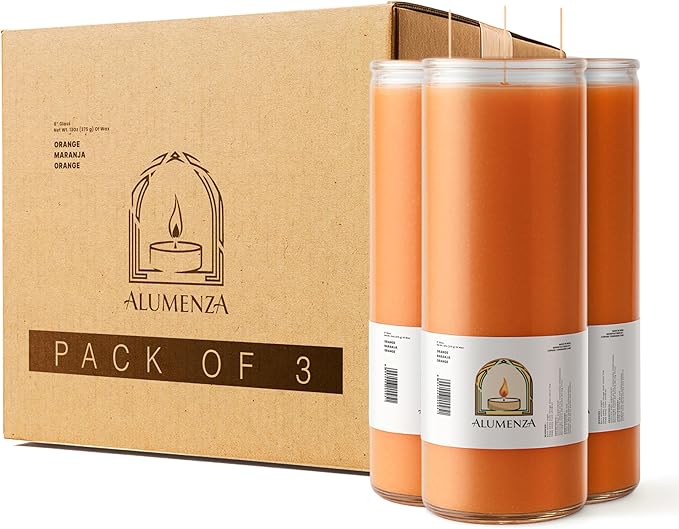 3 Pack Orange 7 Day Candles in Glass Jar – Paraffin Wax, Clean Burning Unscented | Large & Tall Devotional Prayer Pillar Candles for Home, Memorial, Spells, Long Lasting