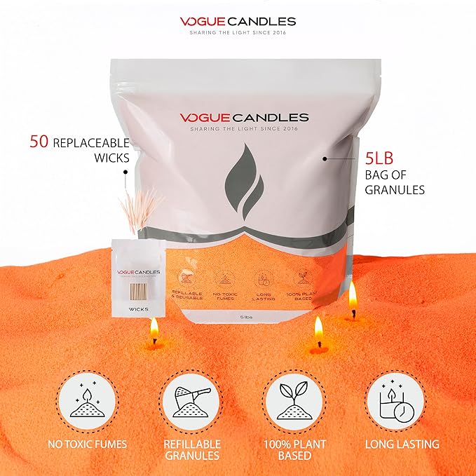 Vogue Candles Orange Pearled Candle Sand Wax (5 LB) – Mother’s Day Candle Kit with 50 Cotton Wicks for DIY Home Lighting – Plant-Based & Reusable Wax Granules Refill for Clean Burning & Custom Vessels