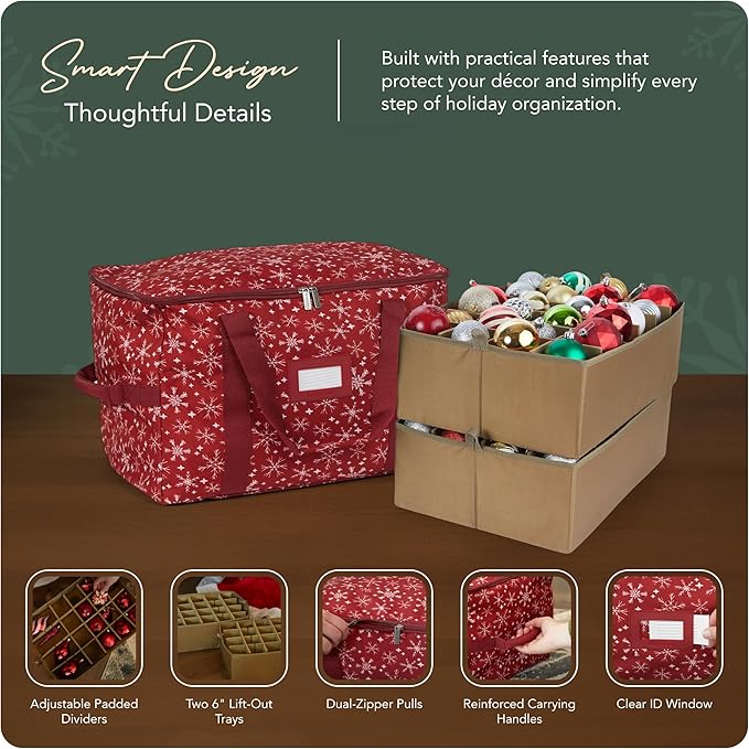 Covermates Keepsakes Adjustable Ornament Storage Bag – Heavy-Duty Polyester, Padded Dividers & FlexGrid Trays – Protective Holiday Ornament Organizer with Handles & Label Window, Red Snowflake
