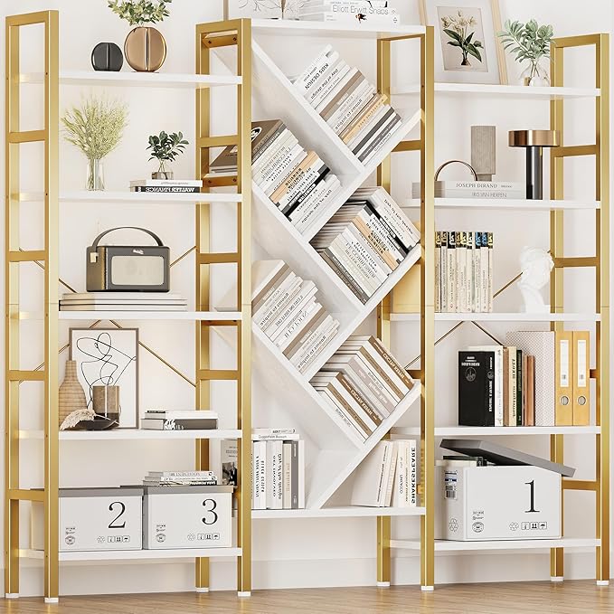 70x70” Triple 5 Tier Book Shelf, Large Wooden Bookcase with 17 Open Display Shelf, Modern Tree Bookshelf Metal Frame Tall Book Case Furniture for Living Room Bedroom Home Office White & Gold