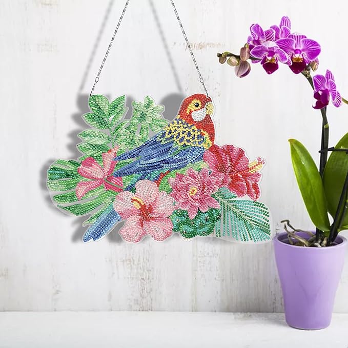 Parrot Diamond Art Hanging Signs with LED Light String DIY 5D Bird and Flowers Diamond Art Painting Wreath Hanging Pendant Special Shaped Gem by Number Mosaic Kits for Garden Front Door Spring Decor