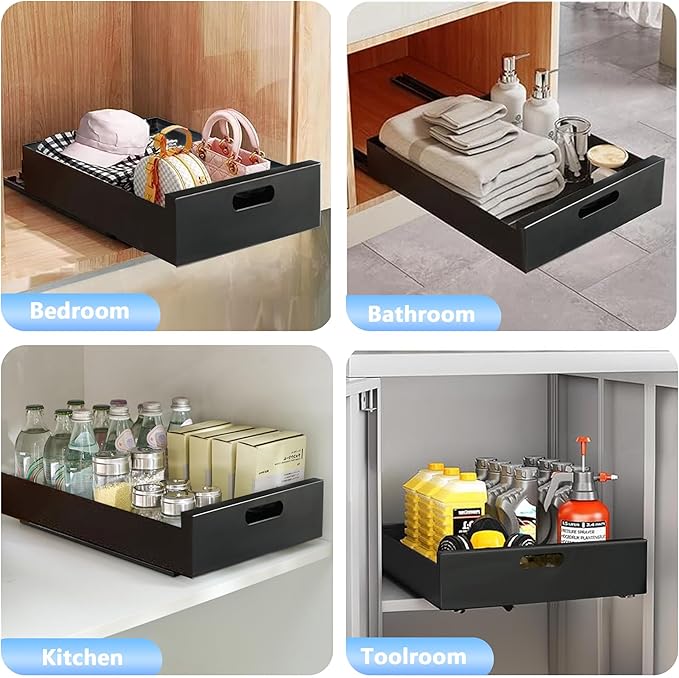21'' Deep Pull Out Cabinet Organizer, 10'' Wide Sturdy Pull Out Drawers for Face Frame or Frameless Cabinets Adhesive, Slide Out Shelves for Pantry,Kitchen, Bathroom and Living Room