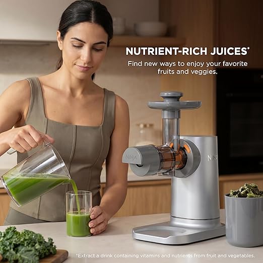 Ninja NeverClog Cold Press Juicer | Powerful Electric Slow Masticating Juicer with Pulp Control | XL Capacity | 24 oz. Juice Jug & 36 oz. Pulp Container | Dishwasher Safe | Gray | 150W | JC151SL