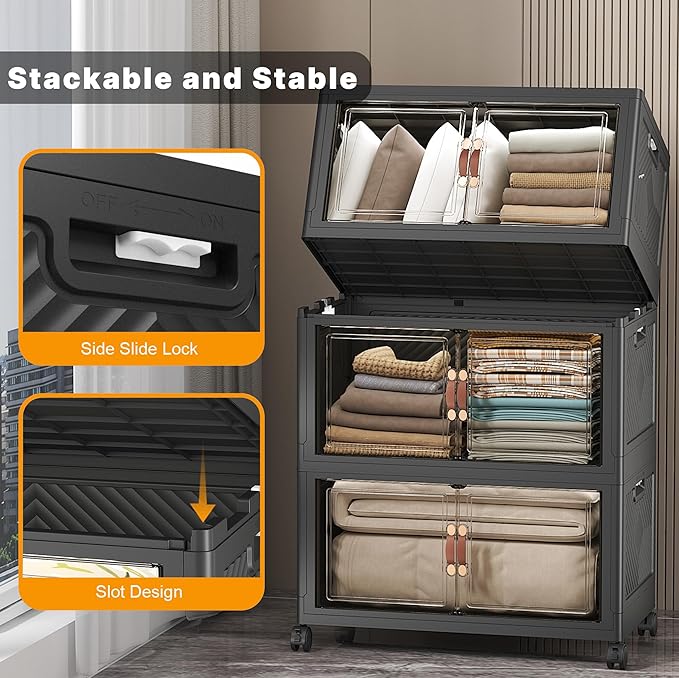 Stackable Storage Bins with Lids & Wheels & Door, Foldable Collapsible Closet Organizers, Extra Large Plastic Storage Drawers for Bedroom Dorm Office Garage (Dark-112QT, 3Pack with 1 top lid)