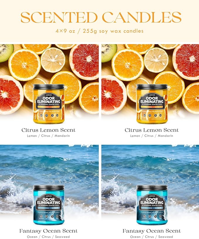 AOOVOO 4 Pack Citrus Lemon/Fantasy Ocean Odor Eliminating Highly Fragranced Candle - Eliminates 95% of Pet, Smoke, Food, and Other Smells Quickly, Non Toxic Air Freshing Soy Candle