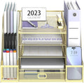 SUPEASY Mesh Desk Organizer with File Holder, 5-Tier Paper Letter Tray Organizer with Magazine Holder, Desktop Organizer and Storage with Drawer for Office Supplies Home or School (Golden)