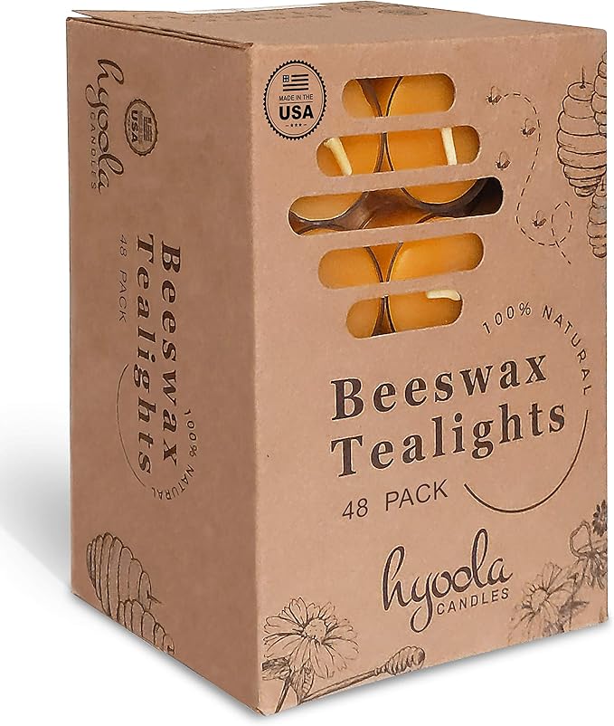 Hyoola Pure Beeswax Tea Lights, Handmade Decorative Unscented, Tealight Candles, 4 Hour Burn Time, Clear Cup (Pack of 48)