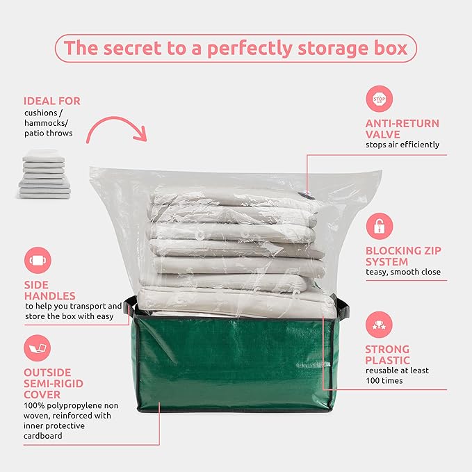 Compactor Heavy-Duty Storage Bags, Vacuum Storage Bag with Outdoor Storage Box, Waterproof Bag for Dining and Patio Chair Cushions, All-in-one Outdoor Storage Solution (Green, XXX-Large)
