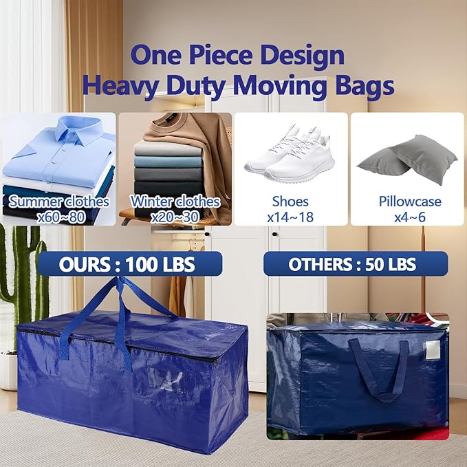 8 Pack Waterproof Moving Bags with Strong Zippers and Reinforced Handles, Real 100lb Capacity Extra Heavy Duty Large Storage Totes for Packing & Moving Storing, Alternative to Moving Boxes -95L,Blue