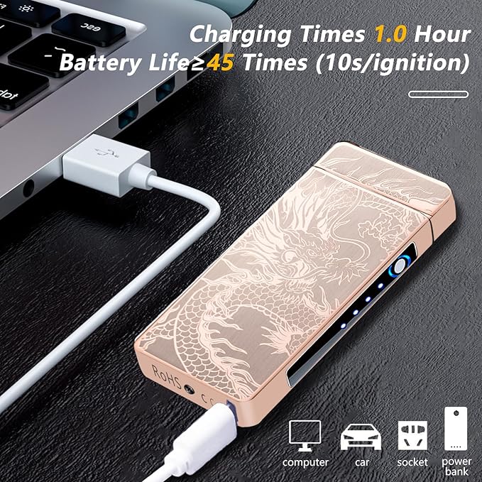 Dragon Electric Arc Lighter USB C Rechargeable Plasma Lighter for Camping, Fire Starters, Candles & Outdoor Gear | Windproof Igniter with Battery Indicator (Dragon Gold)