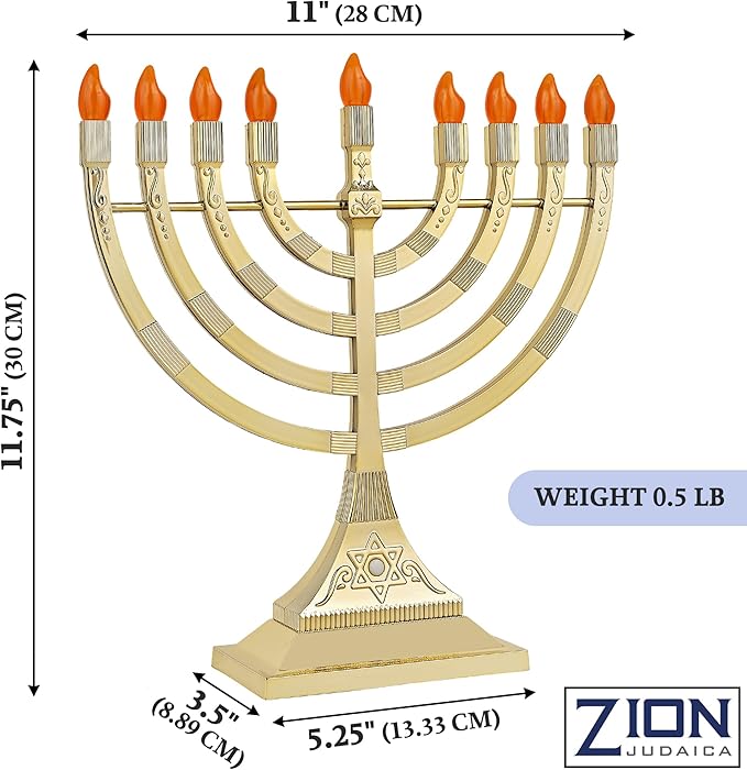 Zion Judaica Pack of 2 LED Gold Menorahs Battery or USB Powered Menoras Electronic Hanukkiah Battery Minorah Flamless Chanukah Candles Chanukkiah (Gold, 2)
