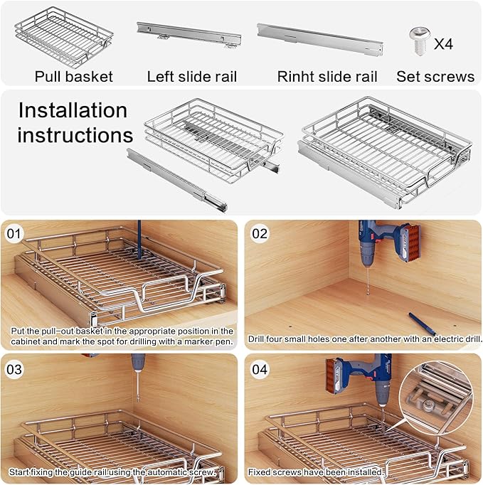 2-Tier Kitchen Cabinet Pull Out Shelf and Drawer Organizer Slide Out Pantry Storaqe Basket in Multiple Sizes (11" W x 18" D,1 Tier)