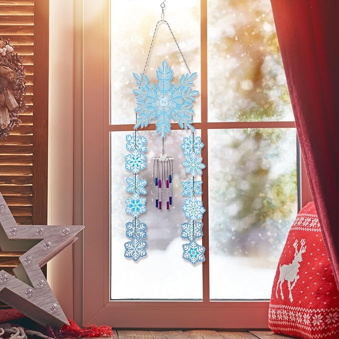 Christmas Snowflakes Diamond Art Painting Wind Chimes Hanging Pendant DIY Kits 5D Diamond Art Wind Chime Christmas Hanging Ornaments Double Sided Special Beads Paint by Number Patio Tree Window Decor