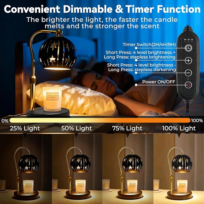 Electric Candle Warmer Lamp with Timer & Dimmer for Bedroom（Candle Not Included, Height Adjustable Candle Warmer with 2 Bulbs, Compatible with Many Sizes Candles, Warming Home Decor Gifts (Star)