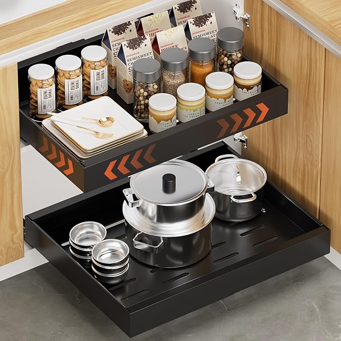 lockincar 1Pack Expandable Pull Out Cabinet Organizer 21" Deep, Adjustable Width 12.2"-20.4" Slide Out Drawers & Roll Out Shelves for Kitchen Cabinets, Easy Install with Double-Sided Adhesive, Black